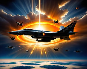 (((Single stelth fighter jet))), A single stealth fighter jet flies just feet above a thick cloud cover, with the sun behind it, casting a stunning yellow and orange glow over everything. The aircraft features a sleek blended wing body design, reminiscent of Lockheed and Boeing's conceptual art for fifth-generation fighters and top-secret space planes. This scene evokes elements of the B-2 bomber and advanced military drones, suggesting cutting-edge technology and futuristic warfare.

Imagined as a high-detail, hyperrealistic painting, this piece combines the artistic styles of Jason Felix, Robert Peak, and John Luke, blending the realism of a movie still with the grandeur of a masterpiece. The jet, possibly part of a secret project at Roswell Air Base or a NASA endeavor, is rendered in award-winning, super high-resolution quality, suitable for 4K, 8K, or even 16K displays.