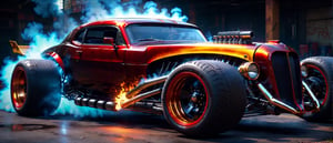 ultra realistic, car Hot rod sports pld school and tuning style with wide tires, high futuristic cyberpunk style, bright smoke colors, incredibly detailed, dark, key visuals, atmospheric, highly realistic, ultra quality ray tracing, Red with flame paint job,
