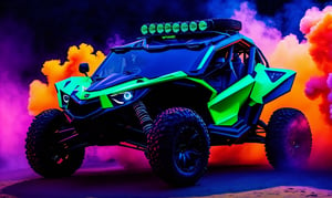 front  view of a green ariel nomad tactical ATV 4x4 with headlights on and a light bar on the roof with the light on,  background of colorful smoke , ✏️🎨, 8k stunning artwork, vapor wave, neon smoke, hyper colorful, stunning art style, car with holographic paint, amazing wallpaper, futuristic art style, 8 k highly detailed ❤🔥 🔥 💀 🤖 🚀4k phone wallpaper, inspired by Mike Winkelmann, 
