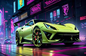 A sleek, neon-lit cyberpunk car races through a dark, rain-soaked cityscape, its glowing wheels leaving trails of light behind it. The car's body is adorned with glowing neon lights and sharp, angular lines, giving it a menacing and futuristic appearance.