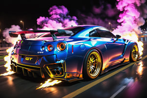 Anime-style GT R street racer wide body kit, neon-lit city, fast cars, drifting, adrenaline-fueled action, intense concentration, midnight speed,Movie Still,fire element,c_car