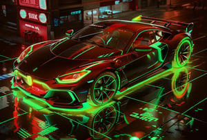 A sleek, neon-lit cyberpunk car races through a dark, rain-soaked cityscape, its glowing wheels leaving trails of light behind it. The car's body is adorned with glowing neon lights and sharp, angular lines, giving it a menacing and futuristic appearance.