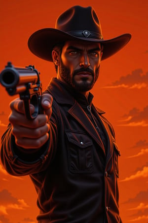 a close-up shot of a cowboy, dressed in a black leather jacket and a black cowboy hat, holds a gun in his right hand. The cowboy's face is adorned with a black belt, adding a pop of color to the otherwise monochromatic scene. The backdrop, a vibrant orange sky, casts a striking contrast to the cowboy's outfit.,,  , In stunning 16K UHD resolution, this masterpiece showcases unparalleled quality, accuracy, and attention to detail, extremely high quality, detailed background, intricate, Exquisite details and textures, highly detailed, ultra detailed illustration, warm lighting, sharp focus, high resolution, Hyperrealism, masterpiece, accurate, super detail, best quality, award winning, highres, 16k 8k uhd, dslr, high quality,Enhanced all,Vector art,cartoon,anime,manga,drawing,nftnik