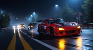 Race cars in a high speed street race (best quality,4k,8k,highres,masterpiece:1.2),ultra-detailed, ((a customized car)), ((street racer)), ((a beautiful paintjob)), ((fully detailed)), illustration, vivid colors, 2024 custom RX 7 Drifting, going fast, night, bright yellow headlights, setting USA Oregon's Mountain roads, No text on signs, Late night time, Set in a rain storm with lightning,1 car, Nature, model shoot style, Fast action style, Sideways drifting in to a turn, Red and black cars GTR NSX