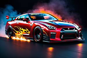 (((A photo realistic image of a Nissan GT-R Nismo 2023))), ((wide shot)) , sharp, detailed car body ,Flame Paint stripes, detailed tires, (masterpiece, best quality, ultra-detailed, 8K), race car, street racing-inspired, Drifting inspired, LED, ((Twin headlights)), (((Bright neon color racing stripes))), (Black racing wheels), Wheel spin showing motion, Show car in motion, Burnout,  wide body kit, modified car,  racing livery, masterpiece, best quality, realistic, ultra high res, (((depth of field))), (full dual color neon lights:1.2), (hard dual color lighting:1.4), (detailed background), (masterpiece:1.2), (ultra detailed), (best quality), intricate, comprehensive cinematic, magical photography, (gradients), glossy, Fast action style, fire out of tail pipes, Sideways drifting in to a turns, 