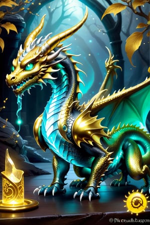 Craft an enchanting fantasy scene featuring a Gold -silver biometric dragon with glowing,  shiny biometrical features. Imagine captivating yelloweyes and impressive glass horns. Place this majestic creature in a fantasy-style background that complements its ethereal beauty,  aiming for a visually striking image with intricate details and a magical atmosphere., cute little dragon
,cute dragon,GUILD WARS