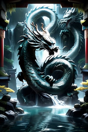 Mystical scene, 'Hidden dragon, do not act' concept, traditional Chinese dragon, splendid scales, lurking in depths of ancient dragon pool, readiness yet restraint, partially concealed by dark waters, immense potential, controlled power, mysterious setting, silhouette barely visible, wisdom of hidden strength, strategic patience, by FuturEvoLab, (Masterpiece, Best Quality, 8k:1.2), (Ultra-Detailed, Highres, Extremely Detailed, Absurdres, Incredibly Absurdres, Huge Filesize:1.1), evoking anticipation and mystery,Katon,Ninjutsu