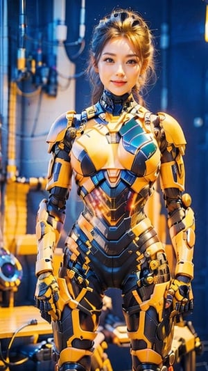 1girl, beautiful face, pale skin, black_hair, medium hair, smiling face, holding a plug with cable, robotic body, full body, sitting, wires, robotic legs, robotics arms, robotic body, robotic hands, futiristic, robotic, mechanical, armored, standing, expressionless face, damaged robotic body, black_robotic_body, alone, (plug and wires), straight leg, busty breast, mecha, bodycon,Mecha,huowu,Mecha body