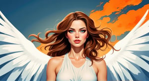 a mix of digital watercolor style and Vibrant fantasy, A medium- sized woman with long, wavy brown hair stands confidently in the center of the frame, her piercing blue eyes commanding attention as she gazes directly at the viewer. Her pursed lips, painted a pinkish-red hue, convey determination and strength. Flanked by two large white wings, which extend from shoulder to shoulder, creating a striking diagonal line that draws the eye upward. The vibrant orange clouds against the deep blue sky provide a bold and dramatic backdrop, inviting contemplation. The woman's unwavering stare seems to pierce through the atmosphere, as if daring the viewer to look away.