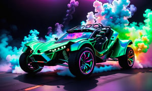front  view, ultra relistic,  of a green ariel nomad  with headlights on, a light bar on the roof shining bright beams of white light ,  background of colorful smoke , ✏️🎨, 8k stunning artwork, vapor wave, neon smoke, hyper colorful, stunning art style, car with holographic paint, amazing wallpaper, futuristic art style, 8 k highly detailed ❤🔥 🔥 💀 🤖 🚀4k phone wallpaper, inspired by Mike Winkelmann, ,H effect,colorful