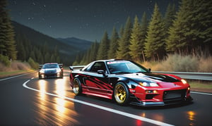 Race cars in a high speed street race (best quality,4k,8k,highres,masterpiece:1.2),ultra-detailed, ((a customized car)), ((street racer)), ((a beautiful paintjob)), ((fully detailed)), illustration, vivid colors, GTR, NSX,  Drifting, going fast, night, bright yellow headlights,setting USA Oregon's Mountain roads, No text on signs, Late night time dark skys filled with moonlight and bright stars,1 car.,Nature,modelshoot style, Fast action style, red and black cars,