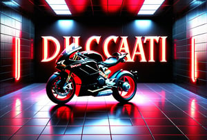 Text that reads "Ducati" in neon red flames, background  room with back wall black side walls neon red and floor tile bright red,