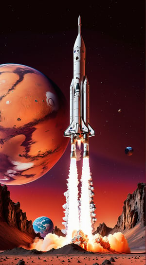 impactful color paint of a rocket is launching from Earth on a mission to explore Mars. Show the rocket against the backdrop of a red Martian sky, with the planet's surface and rocky terrain below, ........... highly detailed, vibrant colors , 8k, sharp, professional, clear, high contrast, high saturated, , vivid deep blacks, crystal clear