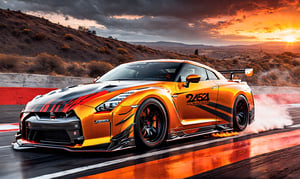 Ultra wide photorealistic medieval gothic image of "2024" lettering, custom design, graffiti, racing serial number, fast lanes,UIltra wide shot, full car 2024 Nissan GT R Nismo orange with black  race strips and wide body kit racing whith  Dark sun setting in the background, Glowing road as the car races showing motion with spinning tire blur and motion lines behind it, black and neon laser yellow-red gray, ink flow - 8k photorealistic masterpiece - by Aaron Horkey and Jeremy Mann - detail. liquid gouache: Jean Baptiste Mongue: calligraphy: acrylic: color watercolor, cinematic lighting, maximalist photo illustration: marton Bobzert: 8k concept art, intricately detailed realism, complex, elegant, sprawling, fantastical and psychedelic, dripping with color,science fiction,H effect