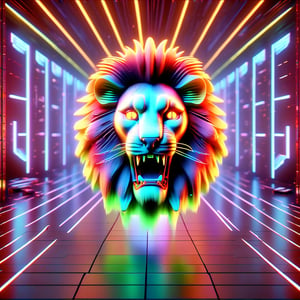 "Mad Cat" , of a 3D  Neon bright colors red orange and yellow of a MAD CAT Lion face eyes squinted moth open showing teeth, Neon multy colored matrix code falling from the top in the background, Aword winning, highley detailed, high res, 4K, 8K, HD wallpaper style, DonMH010D15pl4yXL ,make_3d