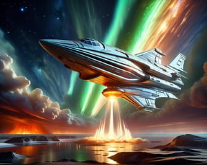 A large, sleek starfighter with wide wings lifts off from a massive ship port structure on a futuristic platform. The rocket engines at the base of the ship ignite, spewing forth two fiery cones into the air. The scene is reminiscent of a NASA space shuttle launch, with the spaceship soaring above a distant island, bathed in the ethereal glow of an aurora-like environment. In the distance, another spaceship flies across the starry expanse, while a dry river bed stretches out like a silver ribbon below.