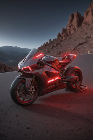 Masterpiece, ultra-definition, super detailed,(((Motorcycle is racing up pikes peak))) SPORT race motocycle 2023 Ducati Panigale V4 S with headlight on white headlights))) , Colored red, silver and black carbonfiber, clean neon lit under glow red, Surrealism, UHD, high details, best quality, 2K