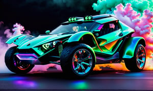 side view, ultra relistic,  of a green ariel nomad  with headlights on, a light bar on the roof shining bright beams of white light ,  background of colorful smoke , ✏️🎨, 8k stunning artwork, vapor wave, neon smoke, hyper colorful, stunning art style, car with holographic paint, amazing wallpaper, futuristic art style, 8 k highly detailed ❤🔥 🔥 💀 🤖 🚀4k phone wallpaper, inspired by Mike Winkelmann, ,H effect,colorful