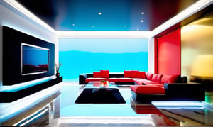 A wide-angle shot captures the masculine high tech and modern and classy fung shui vibe of the living room with colors of black red silver gold and glass, a TV covers a hole wall projector style with the screen displaying a colorful vibrant clear image of a Ferrari, a large windowed wall with a sliding glass door that is open to a patio outside with a view of New York city, the every color and form in the room has equal balance, the room has a uniformed square checkerboard patern marble floor that is the central focal point amidst the tall walls and soaring ceiling. The camera gazes upon the square space, with a  larger back wall and shorter side walls that are even and have no doors, the room is about new beginnings and possibilities.