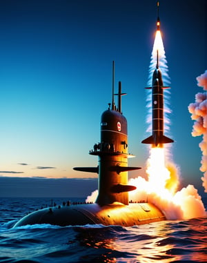 Nuclear missile being fired from a Submarine........... highly detailed, vibrant colors , 8k, sharp, professional, clear, high contrast, high saturated, , vivid deep blacks, crystal clear