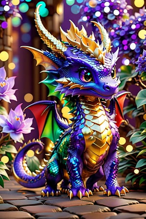 enigma, octane rendering, unreal engine, cinematic, hyperrealism, 16k, depth of field, bokeh.iridescent accents.vibrant.Dragon cub made like the video game character Spyro, with dragon scales with a shiny purple and gold outline, horns golden and two red wings, it has four purple legs, a charismatic personality, a cunning look, the dragon has the tip of its tail in the shape of a golden arrow. In color, each scale shines with iridescent hues, transforming the ordinary into a fascinating spectacle.Disney pixar style