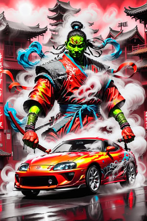 neon street art Toyota Supra car with smoke and the ghost of a samurai warrior with a blood red background, neon vivid colors,