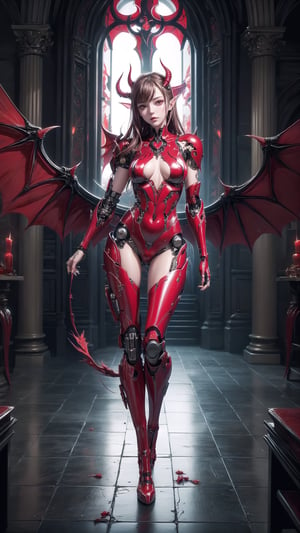 "Photorealistic image, HDR, 8K, cyborg succubus with (RED Glossy plastic skin)), RED glossy and reflective surface,  ((RED demon wings)),HORNS, rule of thirds composition,  Inside Cathedral, high contrast,cyborg,dynamic Angle,Seductive Pose, full Body