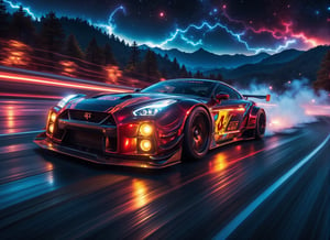 (((Drift car))),(masterpiece), best quality, ultra-detailed, 8K), 2024 GTR Nismo, street racing-inspired, Drifting inspired, LED, ((Twin headlights)), (((Bright neon color racing stripes))), (Black racing wheels), (best quality,4k,8k,highres,masterpiece:1.2),ultra-detailed, ((a customized car)), ((street racer)), ((a beautiful paintjob)), ((fully detailed)), Wheel spin showing motion Show car in motion, Burnout,  wide body kit, modified car,  racing livery, masterpiece, best quality, realistic, ultra highres, (((depth of field))), (full dual color neon lights:1.2), (hard dual color lighting:1.4), (detailed background), (masterpiece:1.2), (ultra detailed), (best quality), intricate, comprehensive cinematic, magical photography, (gradients), glossy, Drifting with front wheels turned slightly , going fast, night, bright yellow headlights, setting USA Oregon's Mountain roads, No text on signs, Late night time, Set in a rain storm with lightning,1 car., Nature, model shoot style, Fast action style, Sideways drifting in to a turn, Night sky with galaxy sky, Fast action style, Sideways drifting in to a turn, Graphis livery, Neon black and red metallic paint with red and yellow hues race stripes, aesthetic, intricate, realistic, cinematic lighting, Neon Paint,shandian,High Speed,aidmaGlow,bpGraffitiStyle,magical sky