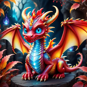 Craft an enchanting fantasy scene featuring a beautiful red-yellow biometric dragon with glowing,  shiny biometrical features. Imagine captivating blue eyes and impressive glass horns. Place this majestic creature in a fantasy-style background that complements its ethereal beauty,  aiming for a visually striking image with intricate details and a magical atmosphere., cute little dragon
,cute dragon