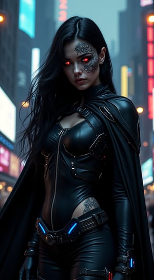 "A cyber dark hero: a cyborg vampire. This character has a face adorned with intricate tattoos and long, flowing black hair. They wear a predominantly black, cyberpunk-style outfit complete with a dramatic cape. The outfit features sleek, high-tech armor with glowing blue or red accents, combining traditional vampire aesthetics with futuristic cybernetic elements. The character's eyes gleam with an eerie light, and metallic fangs protrude from their mouth. The background is a dark, neon-lit urban landscape with towering skyscrapers and holographic advertisements, emphasizing the cyberpunk atmosphere and the character's menacing, otherworldly presence