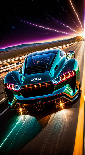 a sci-fi sportscar passing by, light speed, flash, motion trail, a shining star(sun) in the background, motion blur, epic visual effects, interstellar, flow, detailed, scifi, star blast, dark vibrant colors, cosmic art, stars in background, cinematic scene, lens flare, god rays, glow, art of Doug Chiang and John Park glowneon, glowing, sparks, lightning, ultra detailed dramatic lighting  ,highly detailed, vibrant colors , 8k, sharp, professional, clear, high contrast, high saturated, , vivid deep blacks, crystal clear,c_car,H effect,Concept Cars