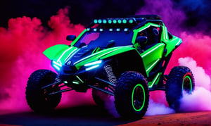 front  view, ultra relistic,  of a green ariel nomad tactical ATV 4x4 with headlights onm, a light bar on the roof shining bright beams of white light ,  background of colorful smoke , ✏️🎨, 8k stunning artwork, vapor wave, neon smoke, hyper colorful, stunning art style, car with holographic paint, amazing wallpaper, futuristic art style, 8 k highly detailed ❤🔥 🔥 💀 🤖 🚀4k phone wallpaper, inspired by Mike Winkelmann, 