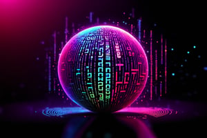 (((TA TEXT))), ((TA Artificial intelligence)), Neon multy colored matrix code falling from the top in the background, chip, neon technology sphere, technology concepts, intelligence concepts HD wallpaper
