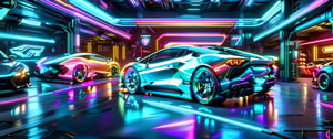 A holographic display of a side view of  a brightly lit sports car in a neon garage with neon signs, neon digital art, neon lit, neon art style, stylized neon, colorized neon lights, bold lamborghini style, glowing neon, neon lightning, futuristic neon, wallpaper 4k, wallpaper 4 k, glow of neon lights, neon volumetric lights, neon art, neon glowing, hyper colorful, neon outline