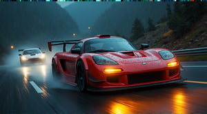 Race cars in a high speed street race (best quality,4k,8k,highres,masterpiece:1.2),ultra-detailed, ((a customized car)), ((street racer)), ((a beautiful paintjob)), ((fully detailed)), illustration, vivid colors, 2024 custom RX 7 Drifting, going fast, night, bright yellow headlights, setting USA Oregon's Mountain roads, No text on signs, Late night time, Set in a rain storm with lightning,1 car, Nature, model shoot style, Fast action style, Sideways drifting in to a turn, Red and black cars,