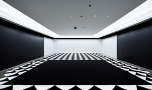 A wide-angle shot captures the modern empty room's stark simplicity, framing the bold black and white checkerboard-patterned carpet as the central focal point amidst gray walls and soaring black ceiling. The camera gazes upon the rectangular space, where larger back wall contrasts with smaller side walls and flat floor stretches wall-to-wall, evoking new beginnings and possibilities.