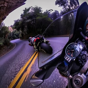 motorcycle on the road with a person on it and a motorcycle on the side, wideangle action, riding on the road, wide angle dynamic action shot, pov shot, extreme wide angle, riding, gopro shot, gopro photo, gopro footage, shot with a gopro, taken on go pro hero8, ultra wide angle, helmet view, fisheye perspective