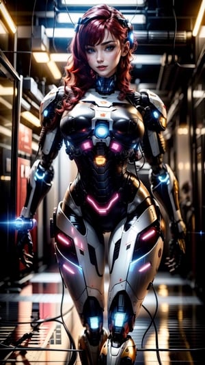 1girl, beautiful face, pale skin, black_hair, medium hair, smiling face, holding a plug with cable, robotic body, full body, sitting, wires, robotic legs, robotics arms, robotic body, robotic hands, futiristic, robotic, mechanical, armored, standing, expressionless face, damaged robotic body, black_robotic_body, alone, (plug and wires), straight leg, busty breast, mecha, bodycon, Mecha, huowu, red hair, sparkling eyes, evil smile, Hyperrealism, cinematic lighting, glowing light, sparkle, Sony FE GM, masterpiece, ccurate, anatomically correct, textured skin, super detail, high quality, award winning, highres, 4K, 8k, 16k,z1l4