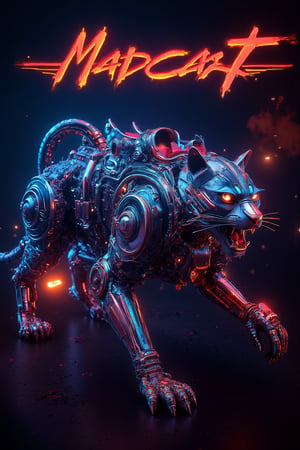 a cybernetic cheetah cat is in a cyberpunk city stalking it's pray. The cat's body is adorned with black and red tatoo digital neon line style designs it's skin is shiny chrome the built in weapons are deployed and firing, blue eyes are glowing with a bright blue hue, adding a pop of color to the scene  the cat is in a cyberpunk city,  The bold phrase 'MadCat' is written in red  and yellow shades 3D font letters at the top, sharp focus, extreme detail description, professional, vivid colors, bold color palette, masterpiece, accurate, super detail, best quality, award winning, highres, 16k uhd, futurediff, cyborg,futuristic,noc-futuristic,metallic