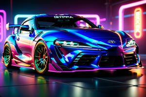(masterpiece, best quality, ultra-detailed, 8K),toyota supra 2023 model, wide body kit, modified car,  racing livery, masterpiece, best quality, realistic, ultra highres, (((depth of field))), (full dual colour neon lights:1.2), (hard dual colour lighting:1.4), (detailed background), (masterpiece:1.2), (ultra detailed), (best quality), intricate, comprehensive cinematic, magical photography, (gradients), glossy,aesthetic,intricate, realistic,cinematic lighting, Neon tungsten Paint,cyberpunk style
