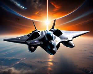 realistic, a fighter jet flying in the sky just above the clouds below sun behind in the background bathing everying in the suns color glow, Stelth v wing lockheed concept art, 5th gen fighter, b - 2 bomber, boeing concept art, top secret space plane, us airforce, fighter drones, military drone, by Jason Felix, roswell air base, boeing concept art painting, nasa, by Robert Peak, by John Luke, in the near future, Movie Still, masterpiece, super detail, best quality, award winning, highres, 4K, 8k, 16k
