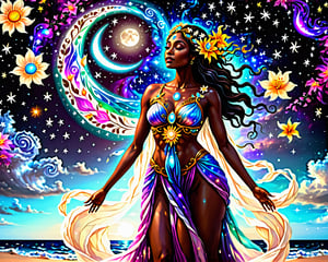 a woman in a dress standing on the beach with flowers, cosmic goddess, “ femme on a galactic shore, goddess of the ocean, lady with glowing flowers dress, moon goddess, goddess art, celestial goddess, flower goddess, beautiful gorgeous digital art, beautiful goddess, goddess of the sea, beautiful digital art, goddess of galaxies, dark skin female goddess of love, venus goddess