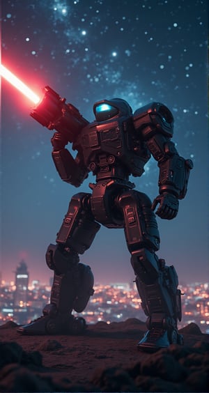 (Giant Weapon), A giant laser cannon in the high-tech era, located on the edge of a future city. This laser cannon is made of black metal, covered with complex circuits and control panels, and its muzzle points towards the distant starry sky. The lights of the city and the stars in the night sky complement each other, creating a futuristic atmosphere full of technology. Beautiful cinematic lighting, surreal, RAW photo, color graded, dynamic movement, captivating chiaroscuro, (special effects:0.1), full body, award-winning, cinematic still, emotional, vignette, dynamic, vivid, (masterpiece, best quality, photorealistic, Professional, perfect composition, very aesthetic, absurdres, ultra-detailed, intricate details:1.3)