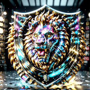 high detail, high quality, 8K Ultra HD, high quality, 8K Ultra HD, ln Family crest style, A neon mad golden lion face with sharp teeth in it's open mouth on a shield in silver with black highlights, background black,  holographic glass shiny style,DonMH010D15pl4yXL 