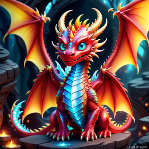 Craft an enchanting fantasy scene featuring a beautiful red-yellow biometric dragon with glowing,  shiny biometrical features. Imagine captivating blue eyes and impressive glass horns. Place this majestic creature in a fantasy-style background that complements its ethereal beauty,  aiming for a visually striking image with intricate details and a magical atmosphere., cute little dragon
,cute dragon,GUILD WARS