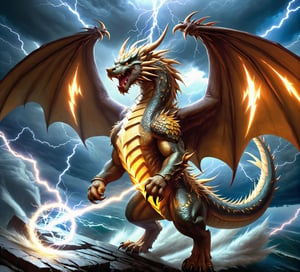 yellow lightning dragon,storm cloud,powerful storm,electricity,thunder,heavy rain,dark sky,roaring thunderbolts,strong wind,flashing light,bolts of lightning,ominous atmosphere,majestic creature,dark scales,sharp claws,fiery eyes,fierce expression,flying in the sky,spreading its wings,scaly texture,iridescent scales,twisted horns,serpentine body,glistening talons,spiky tail,gusts of wind,breathing fire,crackling energy,illuminating the darkness,dynamic movement,awe-inspiring presence,otherworldly creature,storm's fury,presiding over the storm,unleashing its power,unstoppable force,battle between nature's elements,breathtaking scene,mesmerizing spectacle,able to control the storm,majestic beauty,raw power,creating chaos with every movement,violent rumbles,unpredictable nature,symbol of strength and power,clash of nature's might,artistically rendered,high-res masterpiece,bold colors and contrasts,vivid and intense hues,dramatic lighting,creating a sense of awe and wonder.