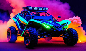 front  view, ultra relistic,  of a green ariel nomad tactical ATV 4x4 with headlights onm, a light bar on the roof shining bright beams of light ,  background of colorful smoke , ✏️🎨, 8k stunning artwork, vapor wave, neon smoke, hyper colorful, stunning art style, car with holographic paint, amazing wallpaper, futuristic art style, 8 k highly detailed ❤🔥 🔥 💀 🤖 🚀4k phone wallpaper, inspired by Mike Winkelmann, 