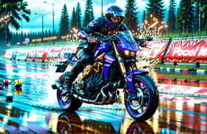 there is a man riding a motorcycle on a wet track, daniel maidman octane rendering, octane ray tracing, photo realistic octane render, cinematic front lightning, octane render unreal engine 8 k, vray octane, 8k octane unreal render, sitting on cyberpunk motorbike, 3 d octane cycle unreal engine 5, 3d octane cycle unreal engine 5, 8k octane render, Front View