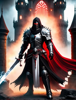 shadow knight ,male ,no face ,badass ,cool side pose ,black armor ,chains vest under black armor ,long red veil ,white frame eyes ,hold a silver white sword ,dark aura ,dark ,smoke ,ruined castle background,masterpiece ,best quality ,ultra-detailed ,high res ,8K ,detailed background,lightning_sparkle_background,4rmorbre4k,fantasy00d,monster,GUILD WARS