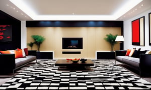 A wide-angle shot captures the masculine yet modern and classy fung shui  vibe of the empty room, every color and form in the room has equal balance, framing the bold black and white room is a  uniformed square checkerboard patern carpet that is the central focal point amidst the gray walls and soaring black ceiling. The camera gazes upon the square space, with a  larger back wall and shorter side walls that are even and have no doors the carpet stretches wall-to-wall in a even uniformed patern, the room is about new beginnings and possibilities.